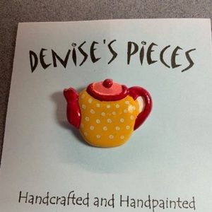 Tea Pot Pin Brooch Golden Yellow Green Polka Dot Plaster Handmade Hand Painted